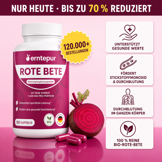 Erntepur Rote Bete Kapseln, 1.300 mg Bio-Rote-Bete, 120.000+ Bestellungen