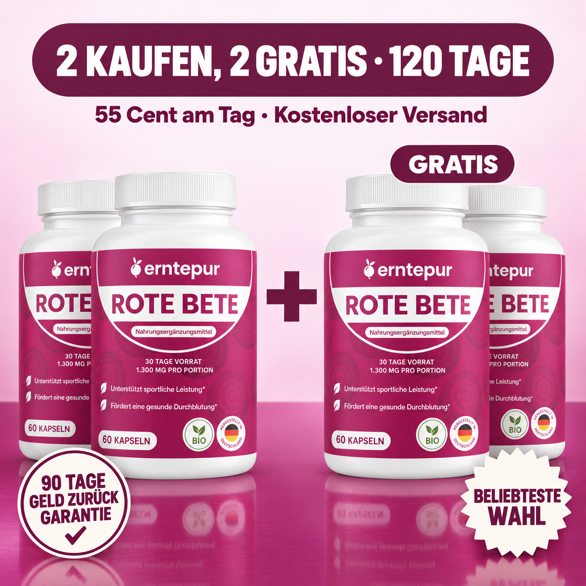 2 kaufen, 2 gratis · 120 Tage · 55 Cent am Tag