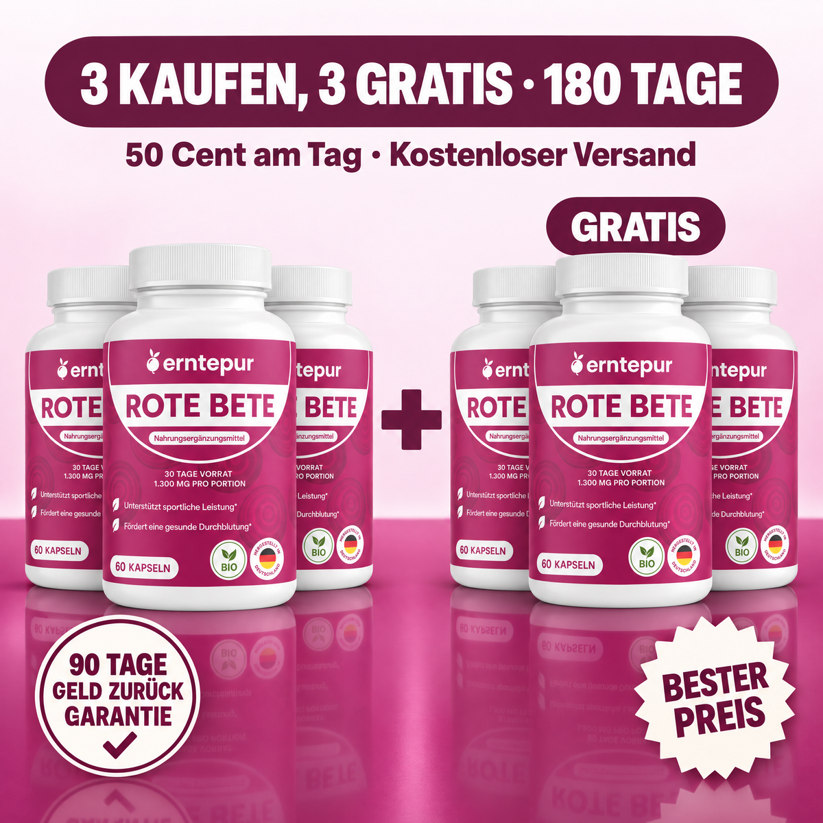 3 kaufen, 3 gratis · 180 Tage · 50 Cent am Tag